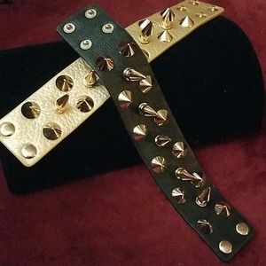 Gold & black leather studded bracelets